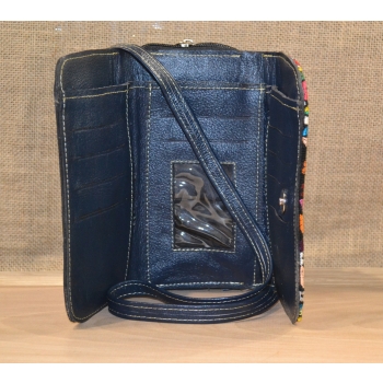 Portfel torebka skórzana granatowa z kwiatowym kolorowym haftem